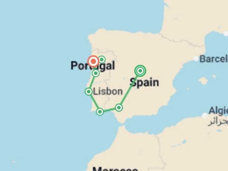 Map itinerary of Mediterranean Tour in October 2026 with 8 destination visits for the trip: Discover Spain & Portugal by Rail