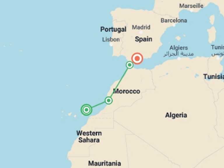 Map of Tangier Tour with 4 destination visits for the trip: From Morocco's Imperial Cities to the Andalusian Flatlands, from Arrecife to Malaga. Magnificent Mudéjar Art (port-to-port package)