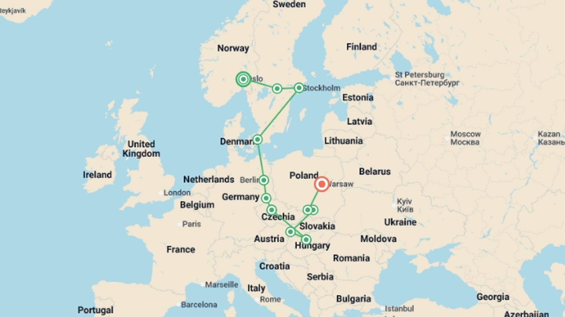 A map showing the tour itinerary for the trip: Scandinavian and Eastern Europe, starting in Oslo, Norway and ending in Warsaw, Poland going through 6 other destinations.
