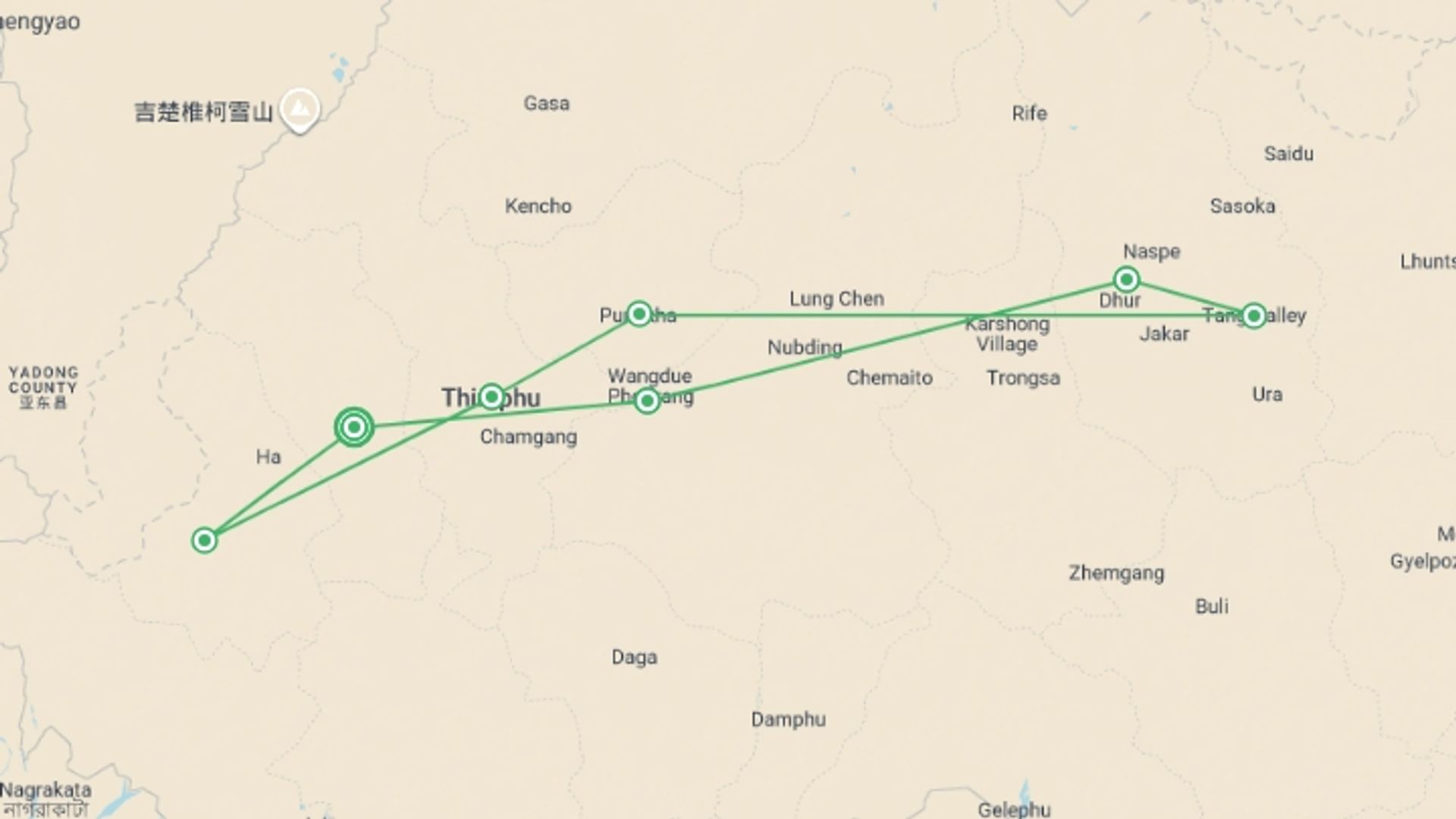 A map showing the tour itinerary for the trip: Bhutan Cultural Journey, starting in Paro, Bhutan and ending in Paro, Bhutan going through 0 other destinations.