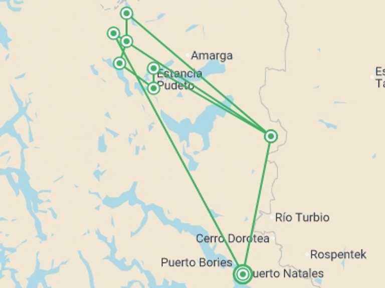 Map of South America Tour with 11 destination visits for the trip: Torres del Paine Circuit