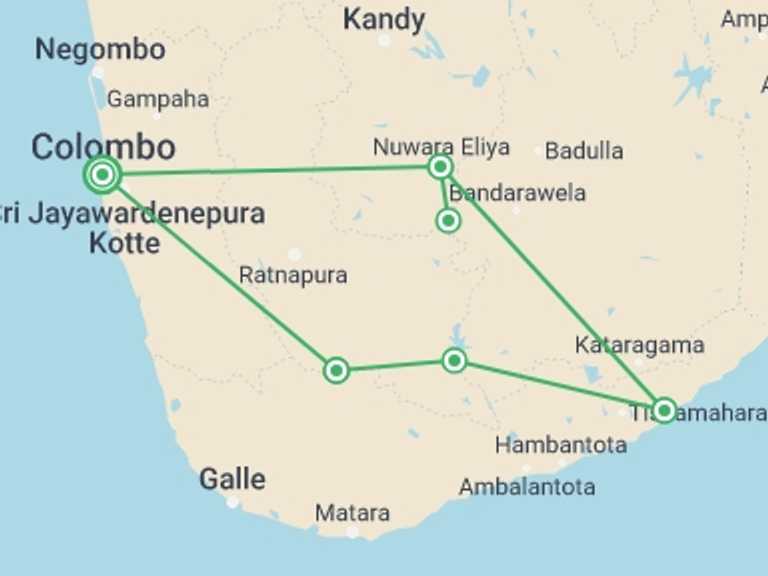Map itinerary of Sri Lanka Tour in September 2026 with 5 destination visits for the trip: Professional Birding Tour