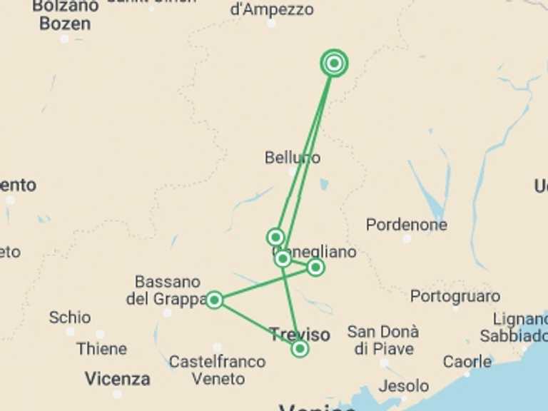 Map of Europe Tour with 7 destination visits for the trip: Walk The Prosecco Hills & Hidden Venice