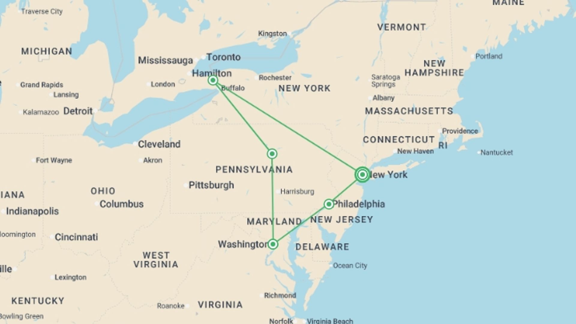 A map showing the tour itinerary for the trip: Eastern US Cities, Niagara Falls & Gettysburg - 8 days, starting in New York, USA and ending in New York, USA going through 4 other destinations.