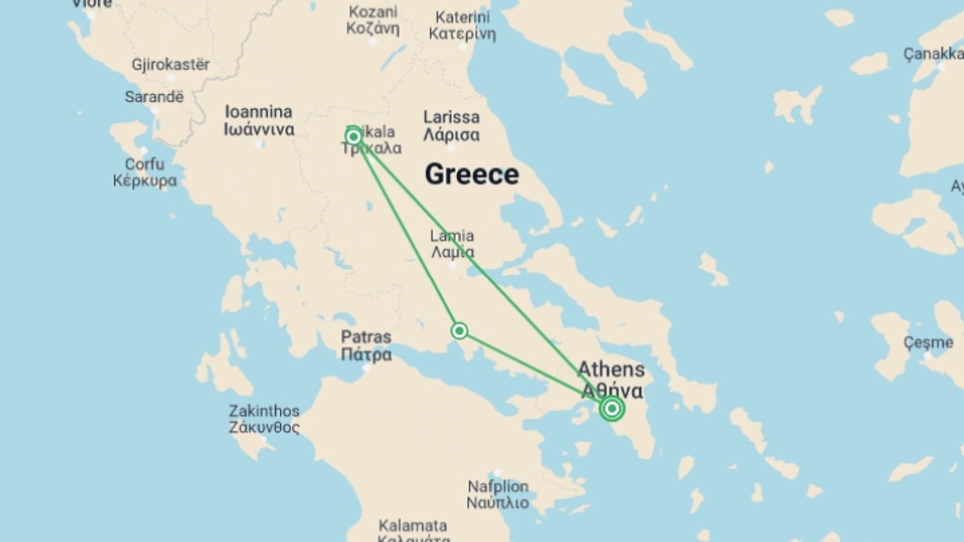 A map showing the tour itinerary for the trip: Greece on a Shoestring, starting in Athens, Greece and ending in Athens, Greece going through 1 other destinations.