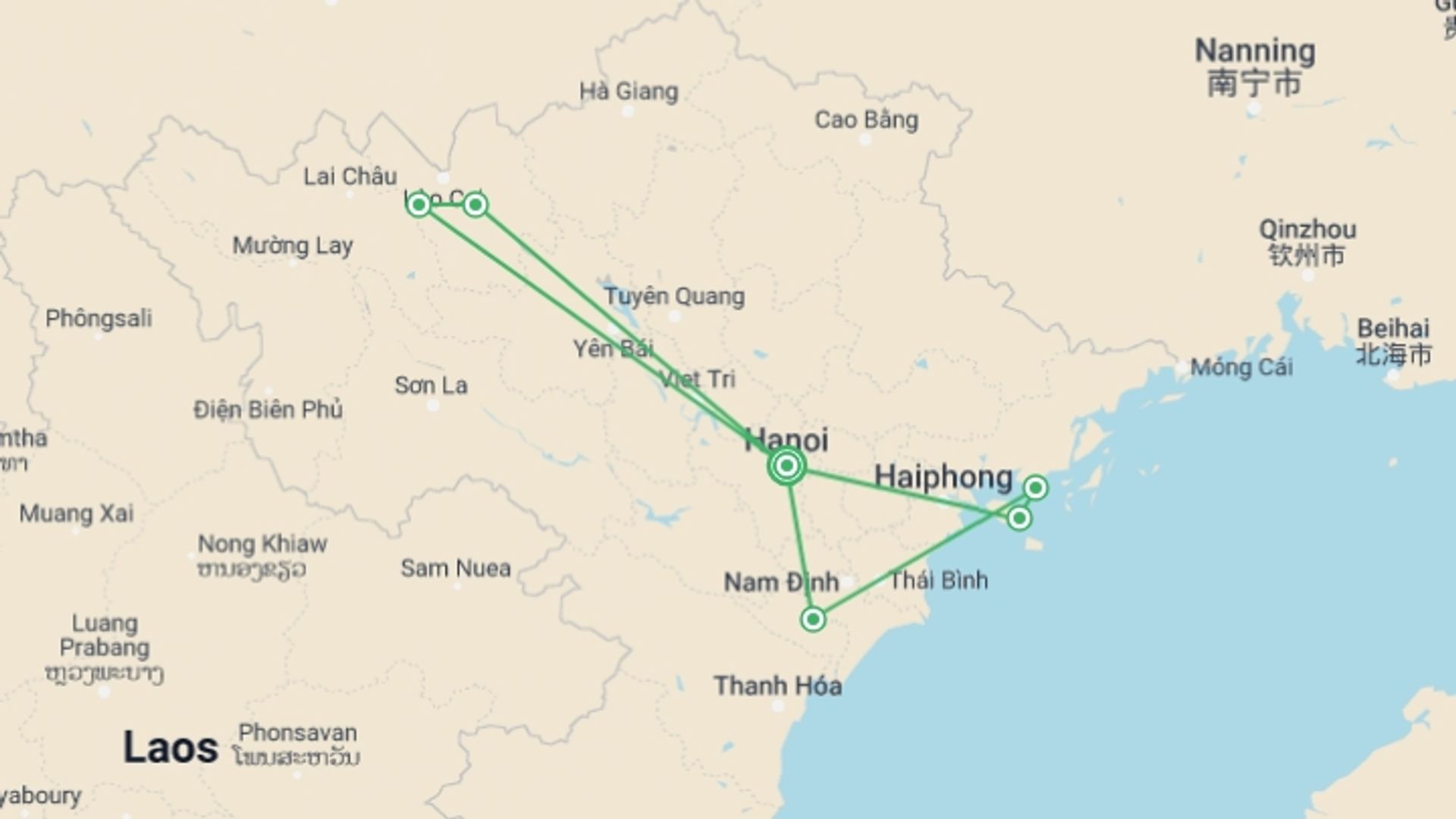 A map showing the tour itinerary for the trip: North Vietnam Explorer, starting in Hanoi, Vietnam and ending in Hanoi, Vietnam going through 5 other destinations.