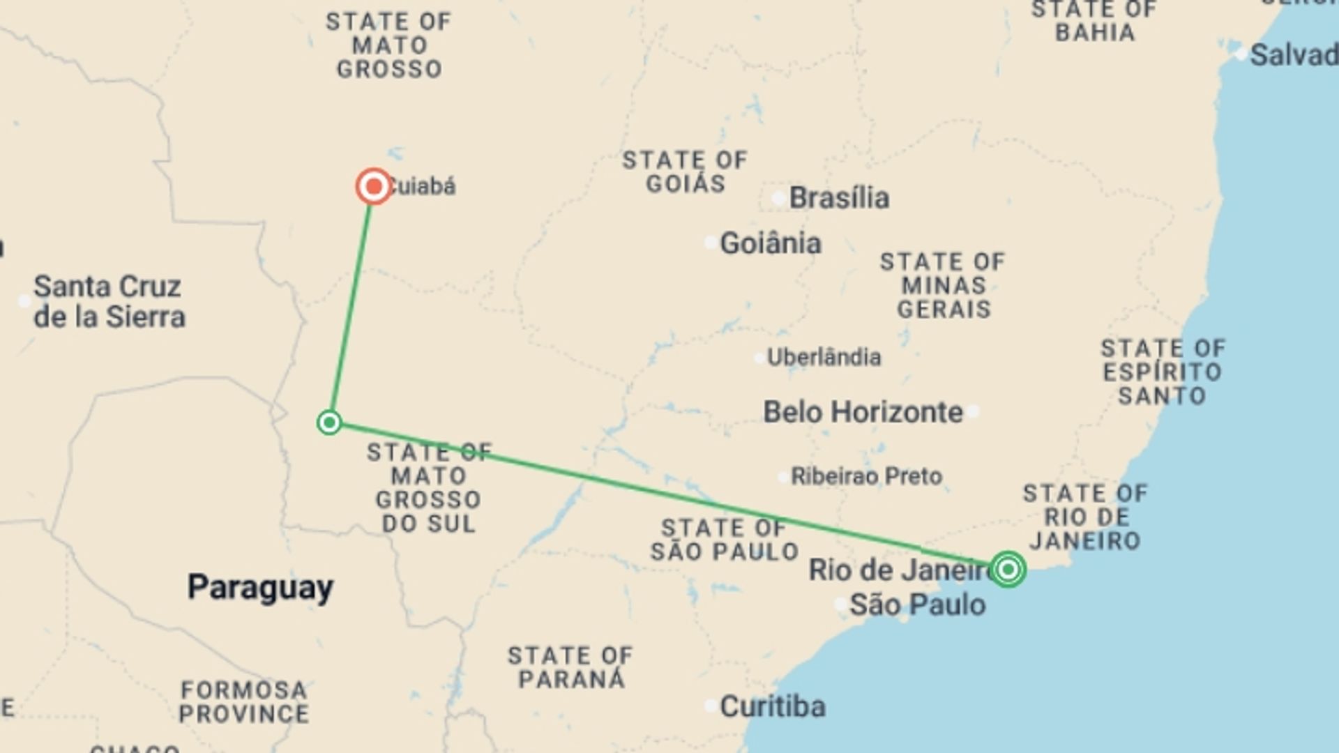 A map showing the tour itinerary for the trip: Rio, Pantanal & Jaguar Safari (Superior) - 8 days, starting in Rio de Janeiro, Brazil and ending in Cuiaba, Brazil going through 1 other destinations.