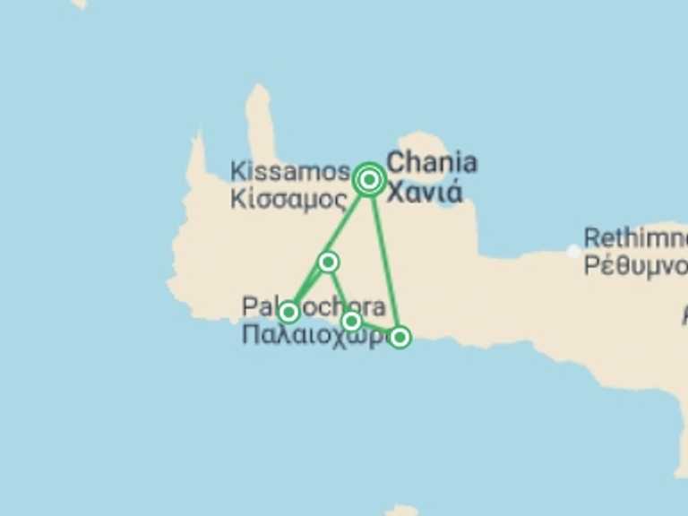 Map itinerary of Mediterranean Tour in July 2026 with 5 destination visits for the trip: Crete: Mountains and Coast