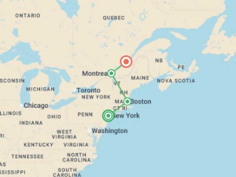 Map itinerary of New York Tour in September 2026 with 4 destination visits for the trip: Essential East Coast