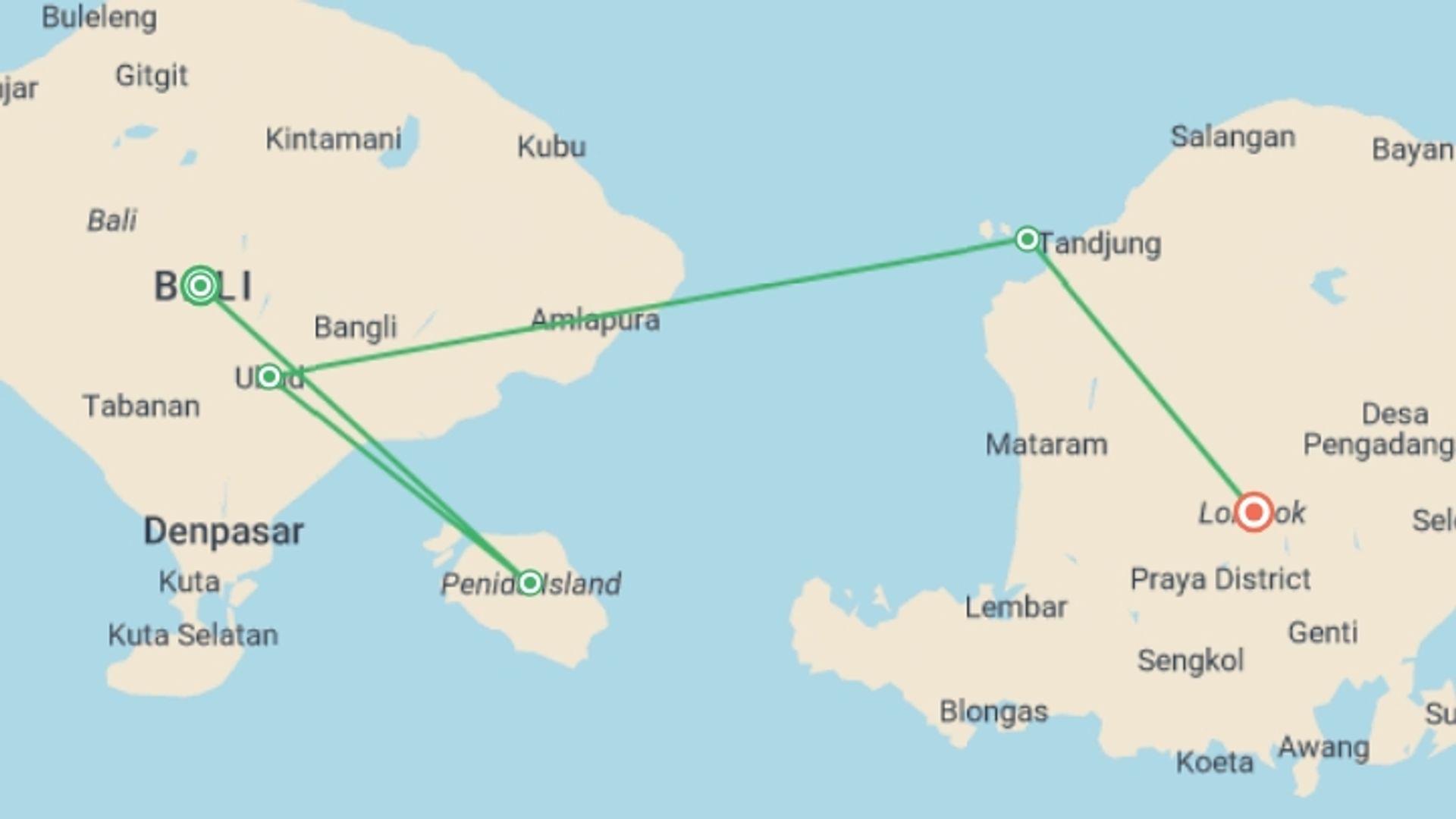 A map showing the tour itinerary for the trip: Bali & Gili Islands Trip: 13 Days - -, starting in Bali, Indonesia and ending in Lombok, Indonesia going through 3 other destinations.