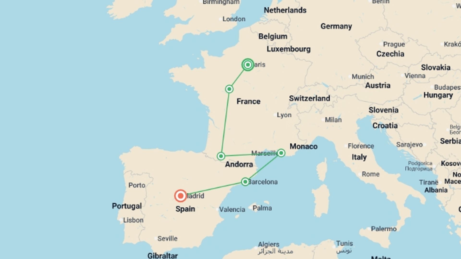 A map showing the tour itinerary for the trip: Paris, Lourdes, Côte d Azur, Provence and Barcelona with Madrid, starting in Paris, France and ending in Madrid, Spain going through 4 other destinations.