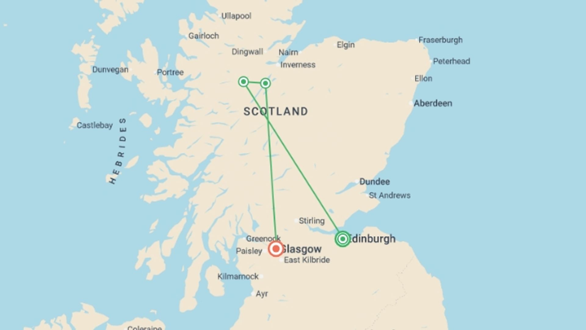 A map showing the tour itinerary for the trip: Scotland in a Week 35 to 45, starting in Edinburgh, Scotland and ending in Glasgow, Scotland going through 1 other destinations.