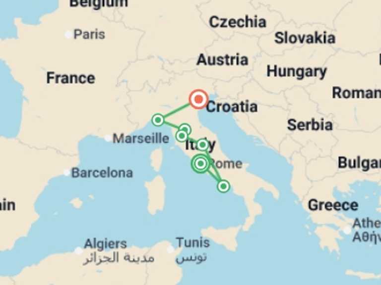 Map itinerary of Italy Tour in June 2026 with 7 destination visits for the trip: Ultimate Italy