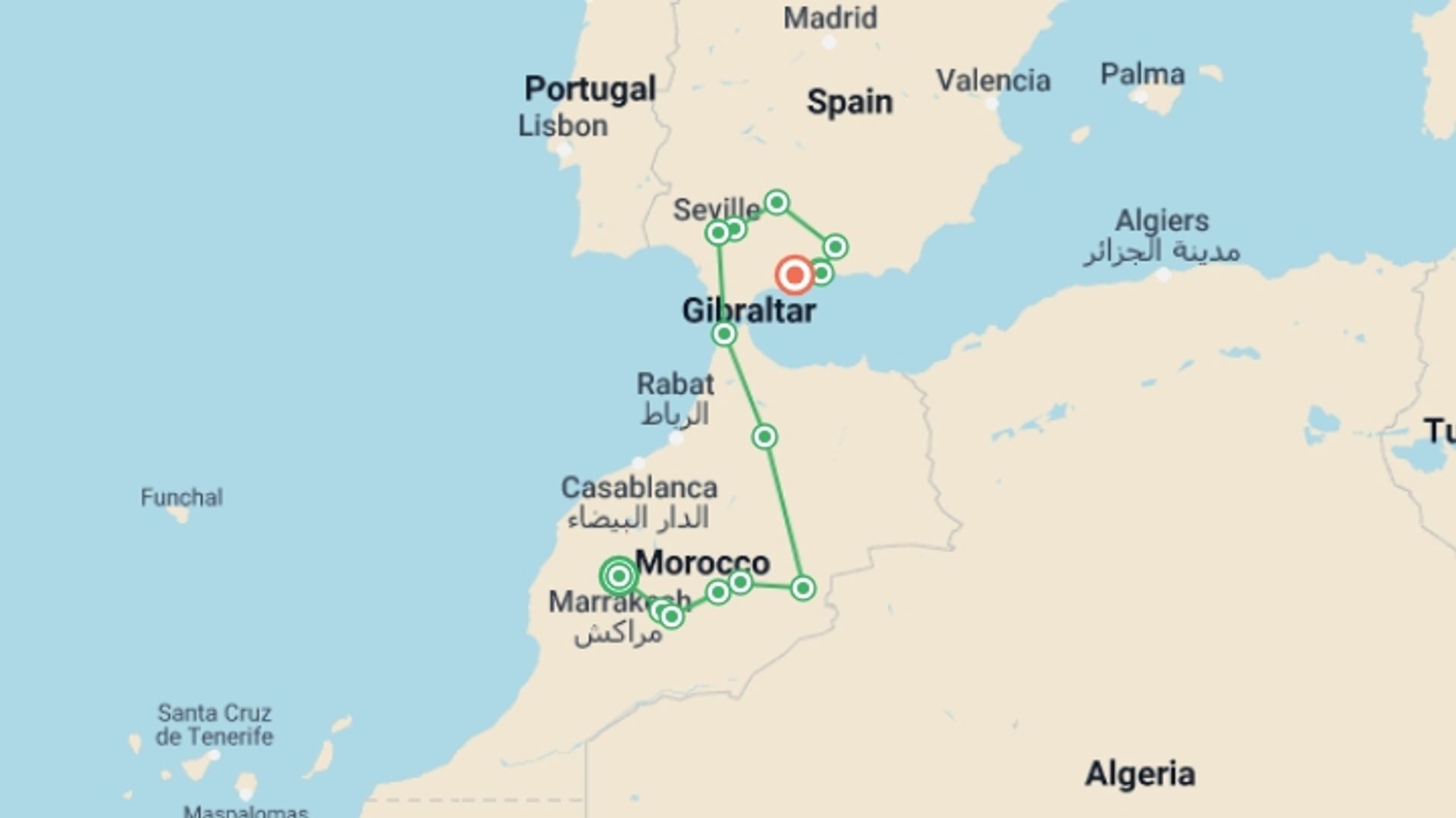 A map showing the tour itinerary for the trip: From Marrakech to the Costa del Sol, starting in Marrakech, Morocco and ending in Spain going through 3 other destinations.