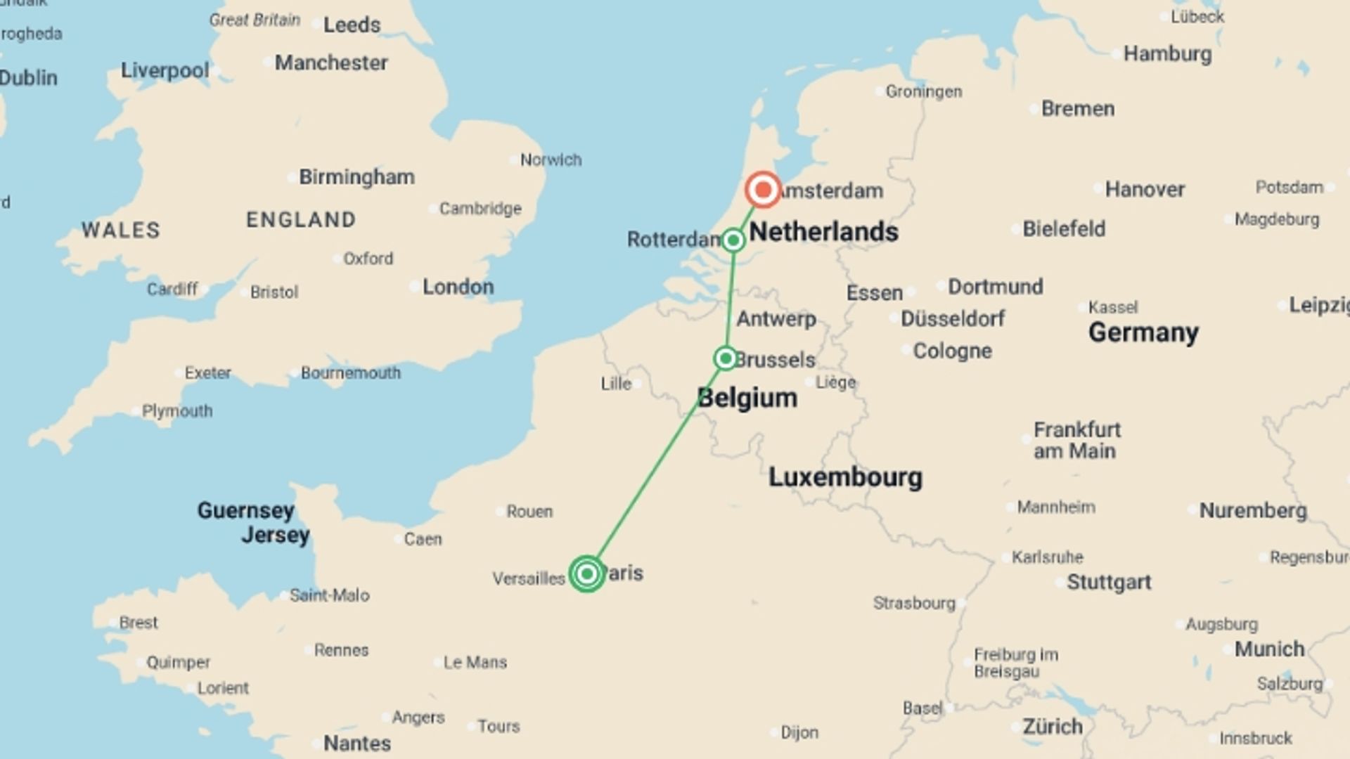 A map showing the tour itinerary for the trip: Classic Paris to Amsterdam, starting in Paris, France and ending in Amsterdam, Holland going through 2 other destinations.