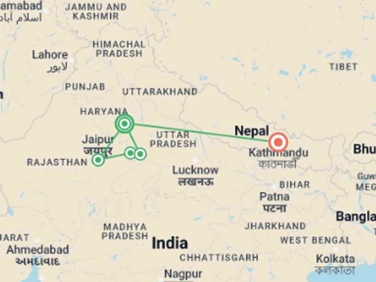 Map of 10-Day New Delhi Tour with 5 destination visits for the trip: Wonders of India And Nepal