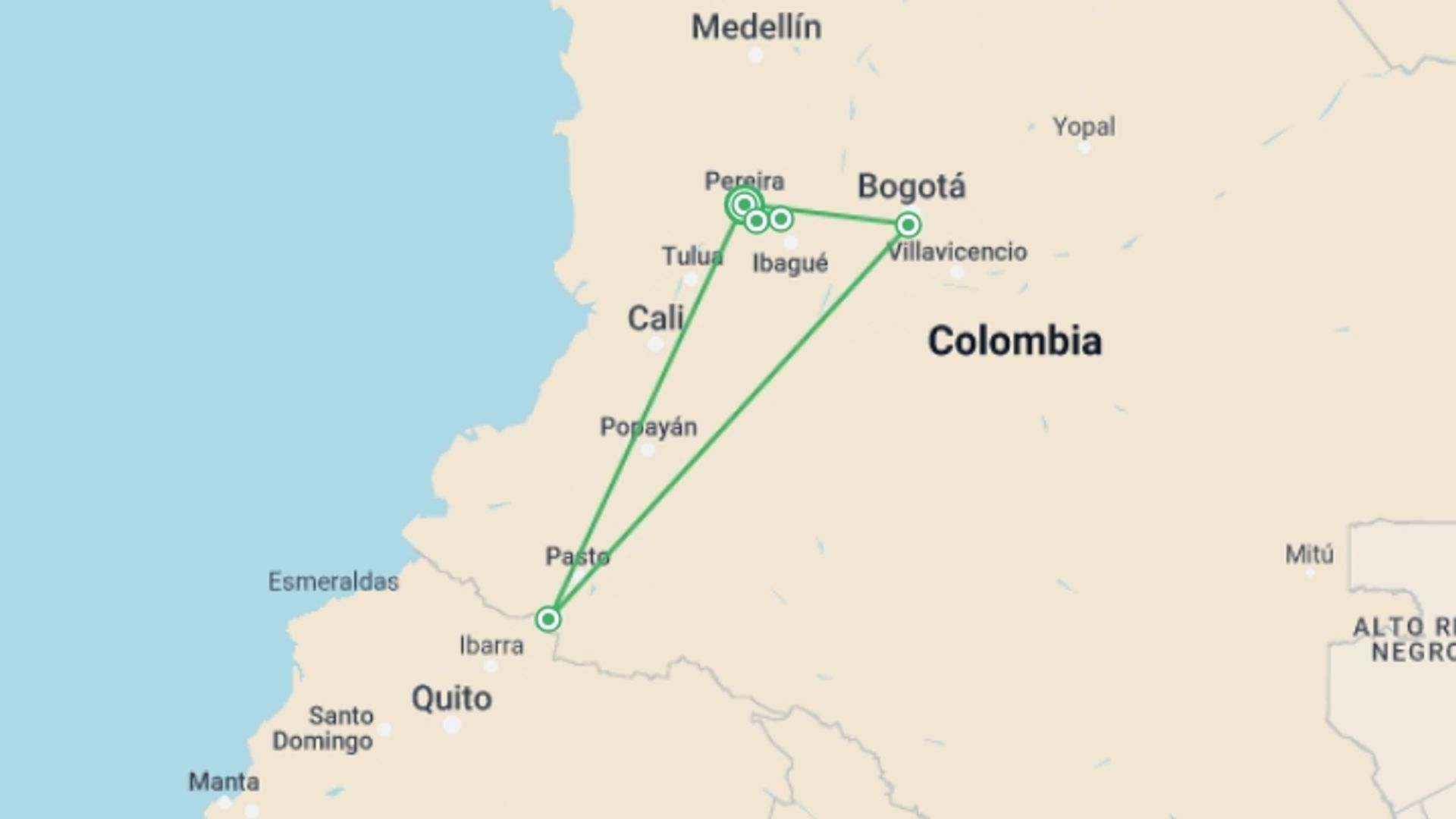 A map showing the tour itinerary for the trip: Los Nevados Adventure, starting in Pereira, Colombia and ending in Pereira, Colombia going through 6 other destinations.