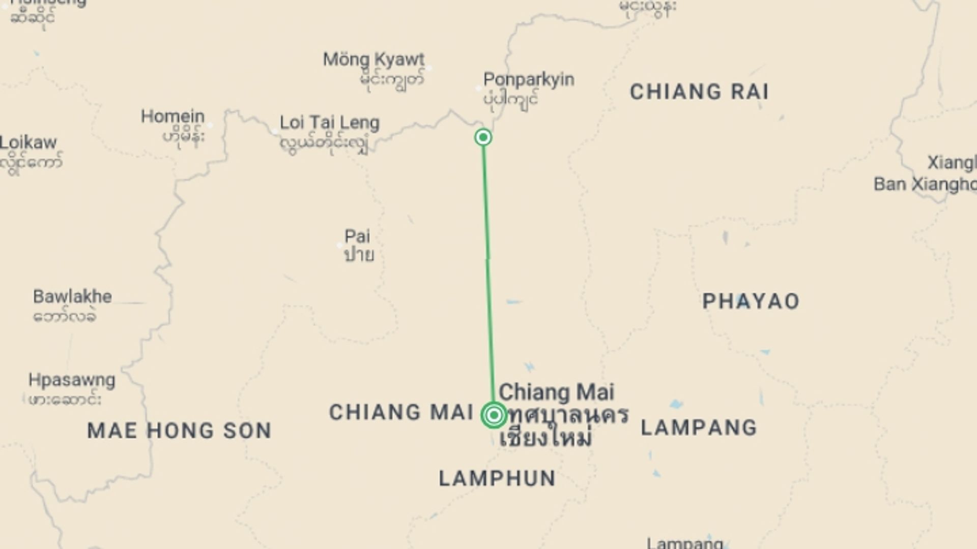 A map showing the tour itinerary for the trip: Off the Beaten Path Nature Trek 2D/1N, starting in Chiang Mai, Thailand and ending in Chiang Mai, Thailand going through 1 other destinations.
