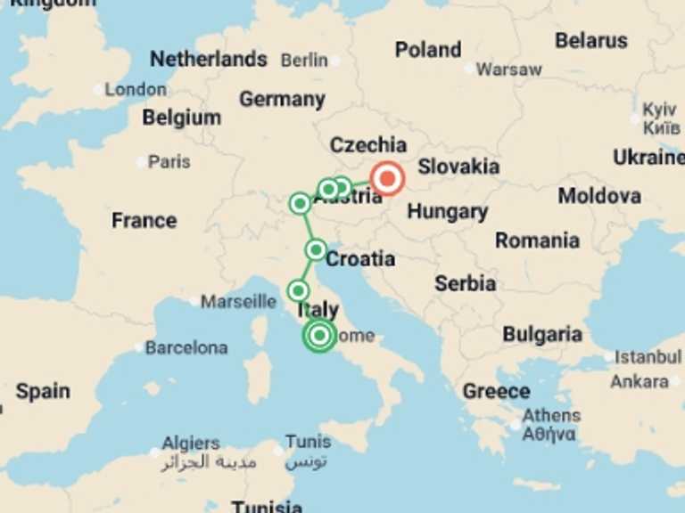 Map of 8-Day Vienna Tour with 5 destination visits for the trip: Italy and Austria AR