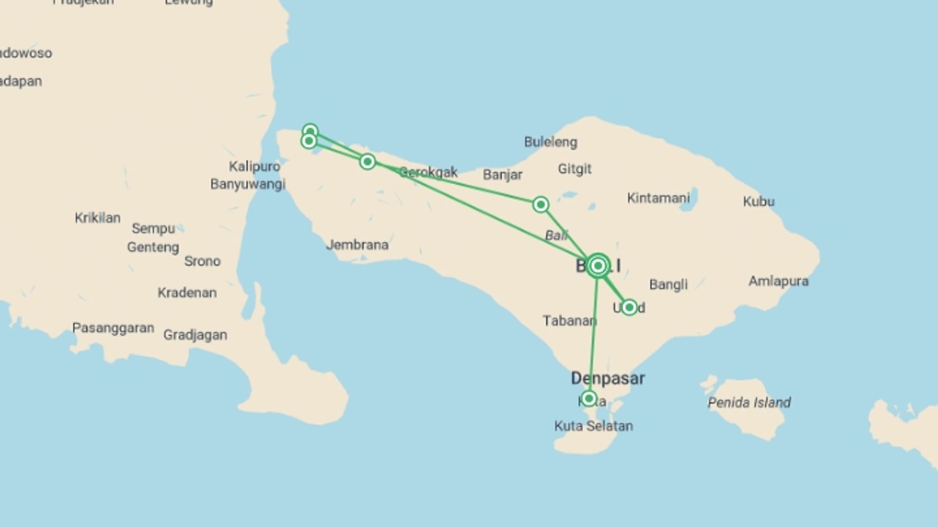 A map showing the tour itinerary for the trip: Bali Round Trip, starting in Bali, Indonesia and ending in Bali, Indonesia going through 6 other destinations.