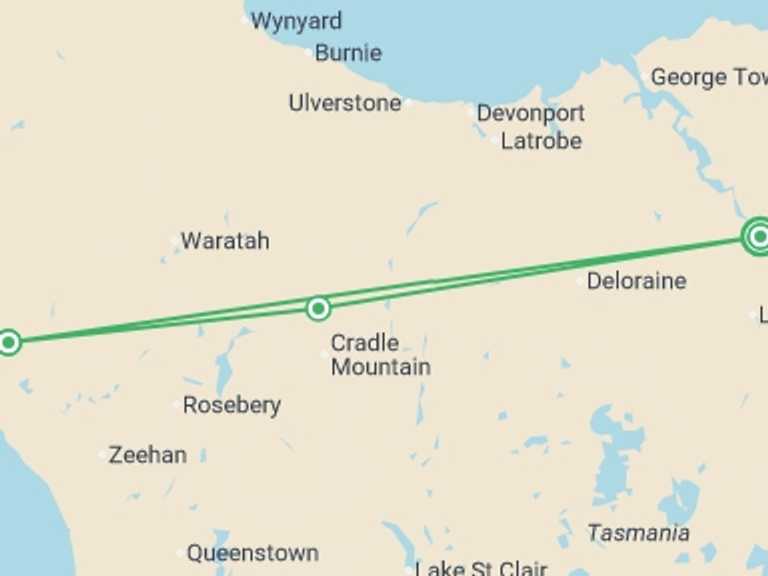Map itinerary of Oceania Tour in March 2026 with 4 destination visits for the trip: Walk Tasmania's Tarkine & Cradle Mountain