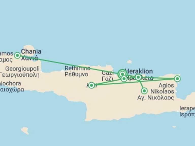 Map itinerary of Greece Tour in October 2026 with 3 destination visits for the trip: Exploring Crete