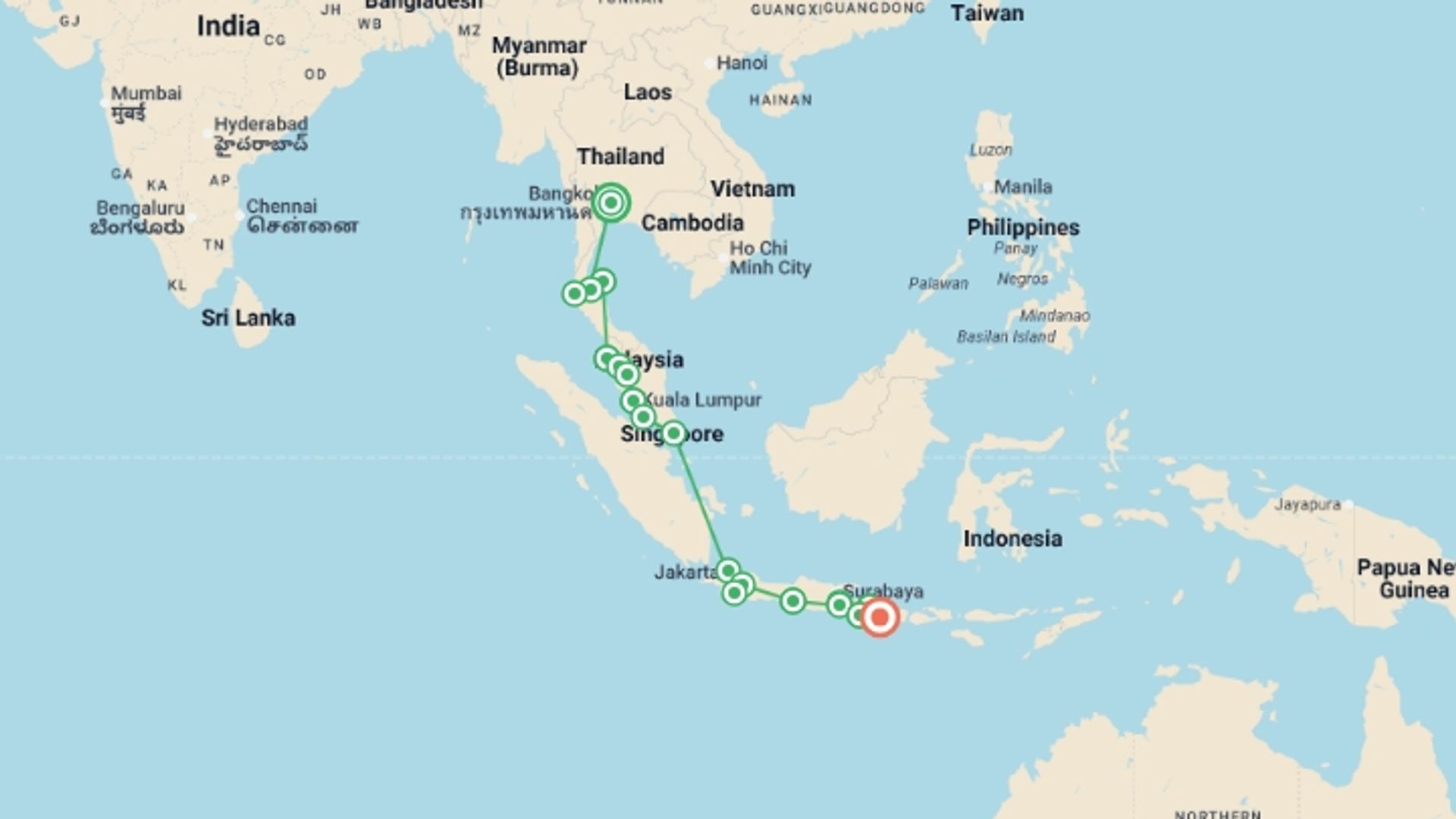 A map showing the tour itinerary for the trip: Bangkok to Kuta: Summits & Sunsets, starting in Bangkok, Thailand and ending in Kuta, Indonesia going through 17 other destinations.