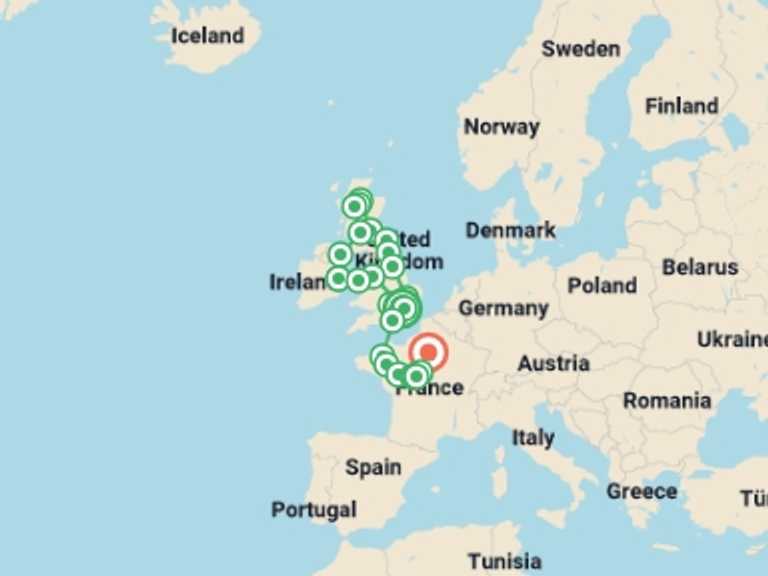 Map of Glasgow City sightseeing Tour with 10 destination visits for the trip: United Kingdom, Ireland and Northern France