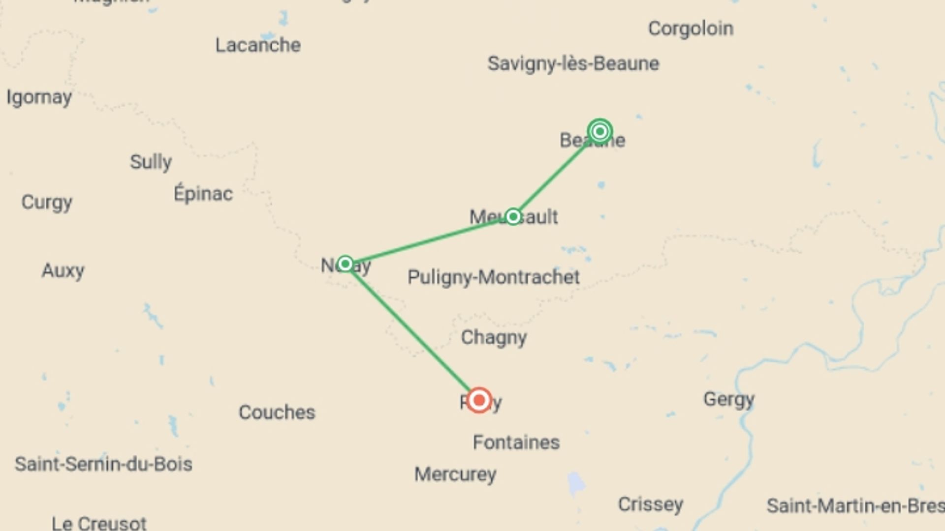 A map showing the tour itinerary for the trip: Burgundy Vineyard Trails, starting in Beaune, France and ending in Chassey Le Camp, France going through 2 other destinations.
