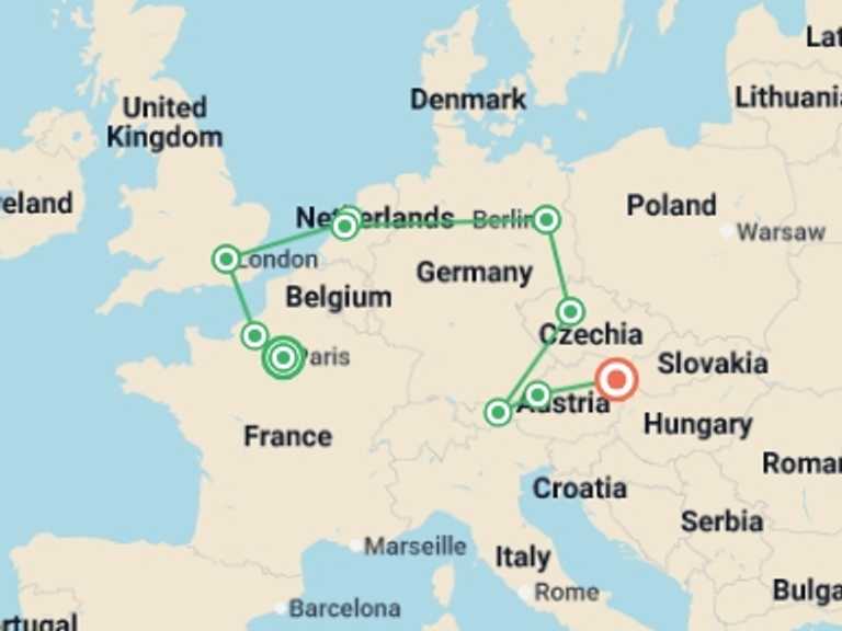 Map itinerary of Mediterranean Tour in October 2026 with 10 destination visits for the trip: Paris and Imperial Capitals