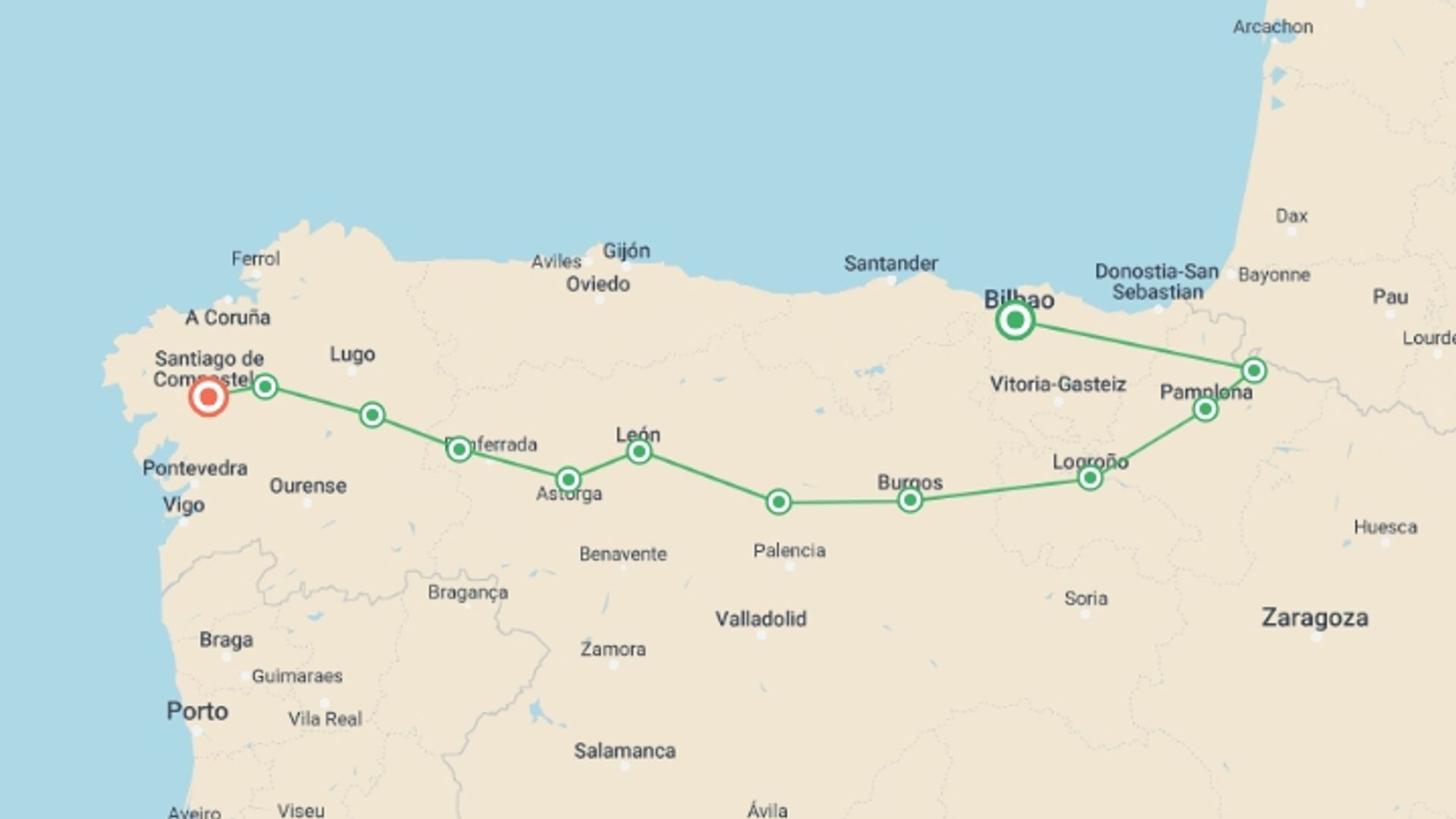 A map showing the tour itinerary for the trip: Best of the Spanish Camino, starting in Bilbao, Spain and ending in Santiago De Compostela, Spain going through 12 other destinations.