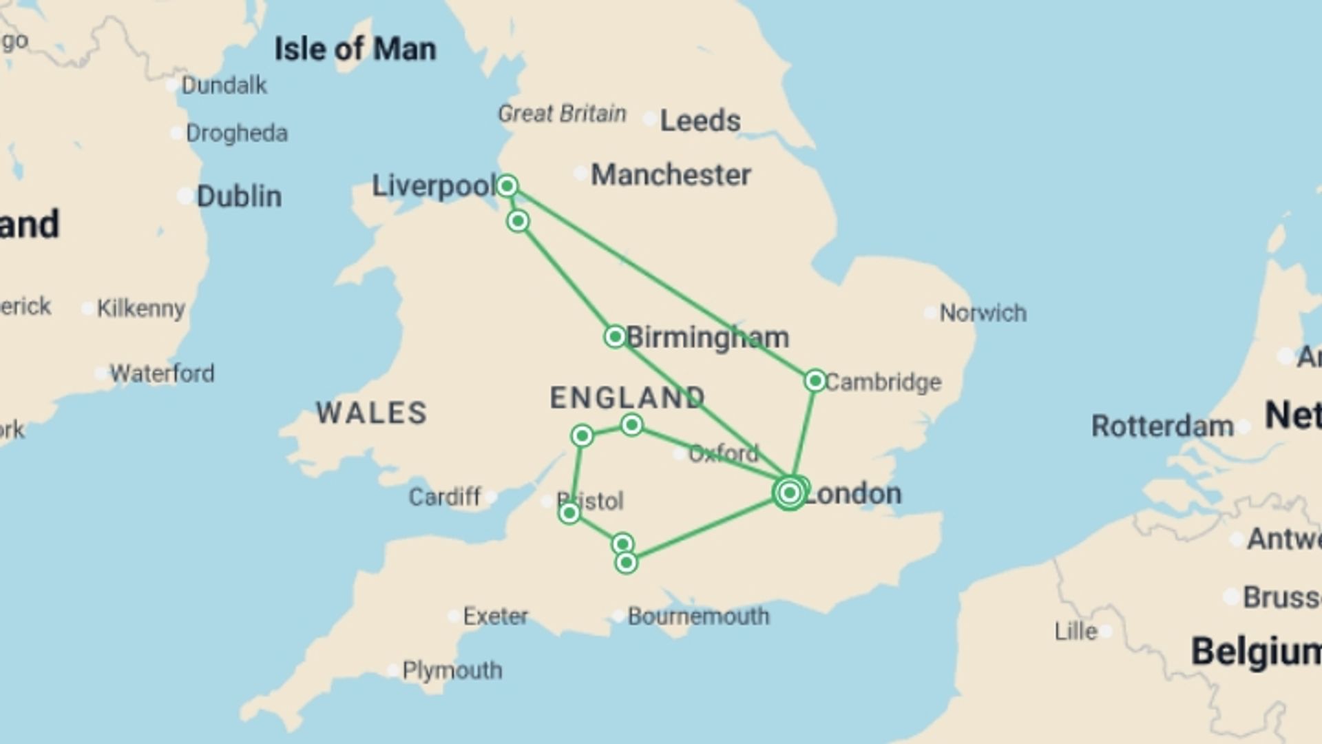 A map showing the tour itinerary for the trip: Touring Southern England, starting in London, England and ending in London, England going through 3 other destinations.