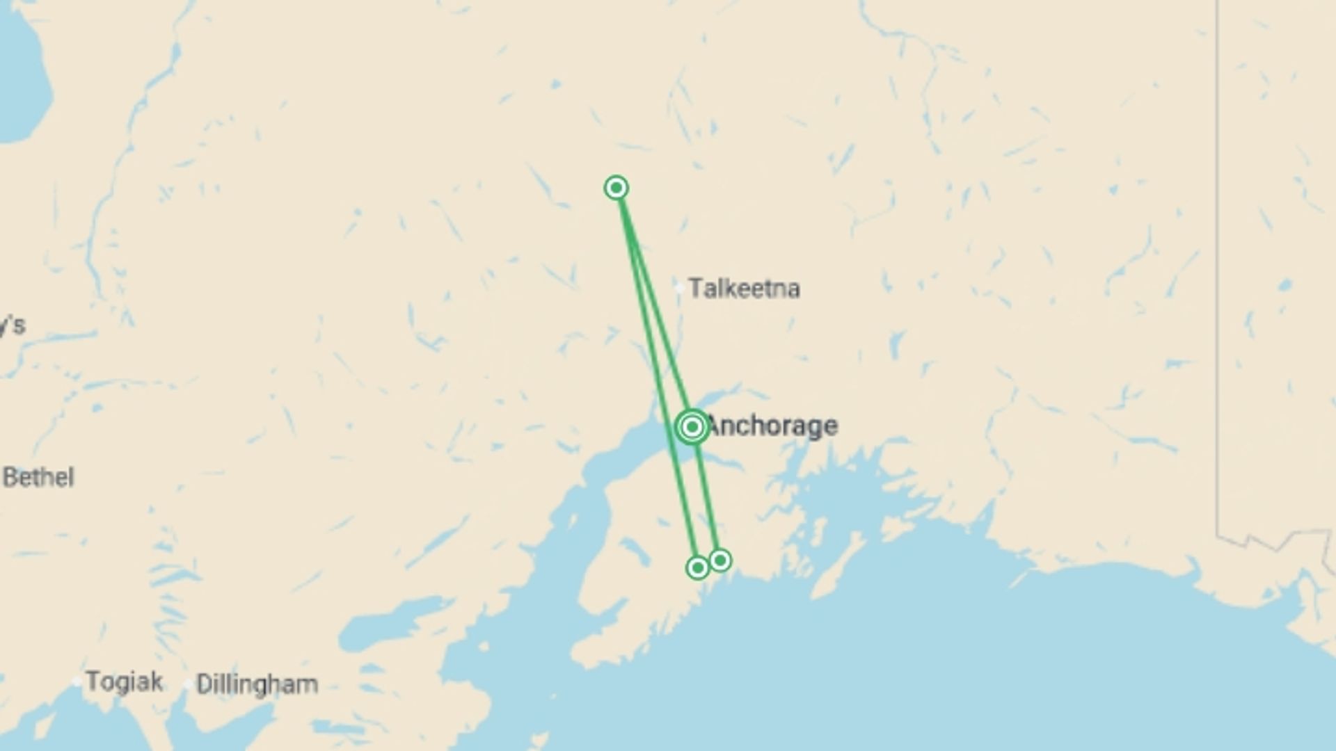 A map showing the tour itinerary for the trip: Alaska Horizons Adventure - 6 days, starting in Anchorage, USA and ending in Anchorage, USA going through 3 other destinations.