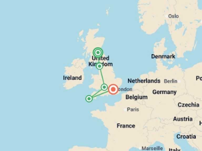 Map itinerary of Europe Tour in September 2026 with 6 destination visits for the trip: Coasts & Countrysides of England with Edinburgh, Liverpool & London