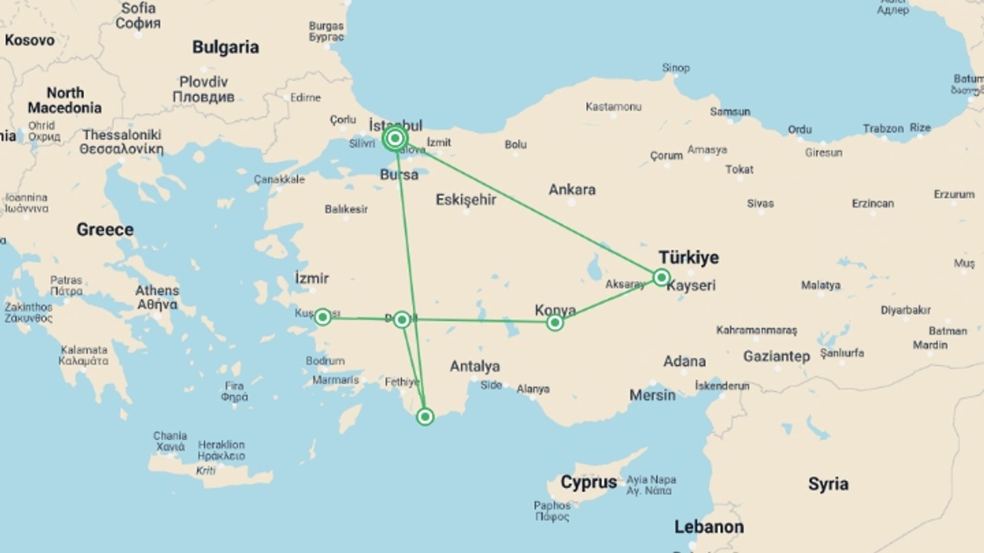 A map showing the tour itinerary for the trip: Turkey Family Holiday, starting in Istanbul, Turkey and ending in Istanbul, Turkey going through 5 other destinations.