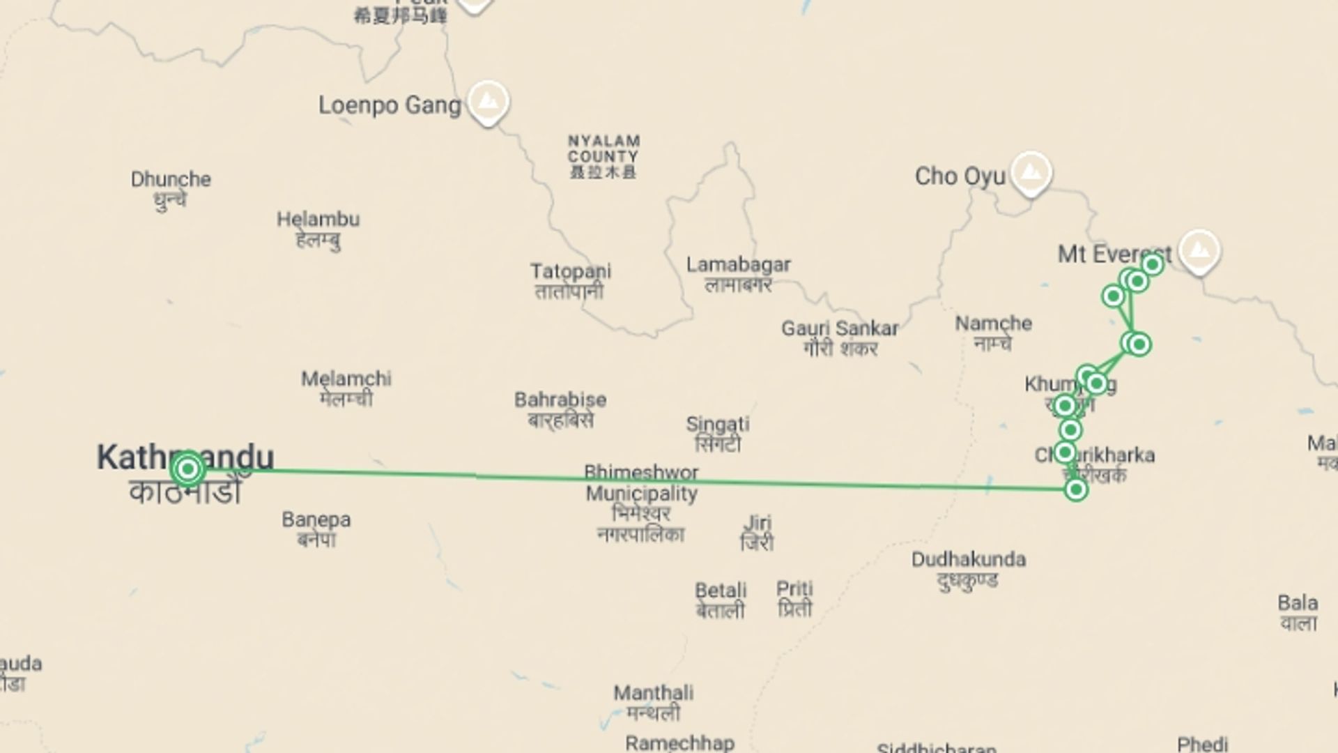 A map showing the tour itinerary for the trip: Everest Base Camp Trek, starting in Kathmandu, Nepal and ending in Kathmandu, Nepal going through 11 other destinations.