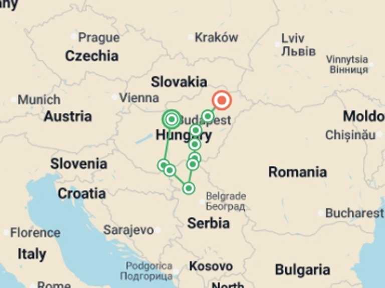 Map of Eastern Europe Tour with 8 destination visits for the trip: From the Danube to the Tisza, through the Real Hungary (port-to-port cruise)