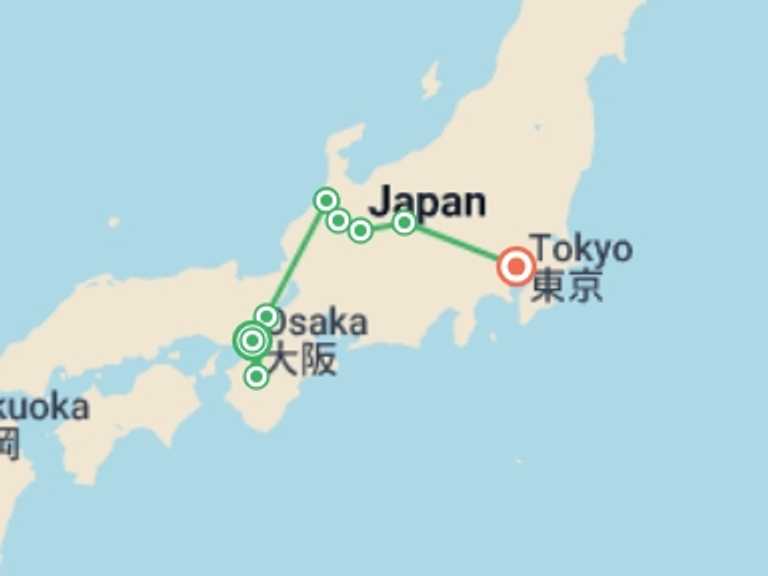 Map itinerary of Asia Tour in July 2026 with 6 destination visits for the trip: Eternal and Traditional Japan