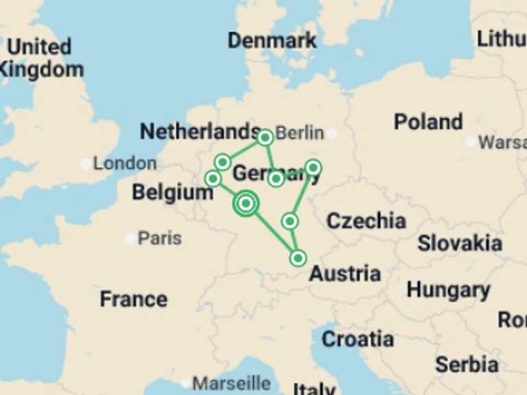Map of 9-Day Munich Tour with 7 destination visits for the trip: Tour of the Heart of Germany
