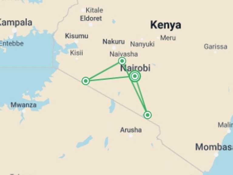 Map of Kenya Tour with 5 destination visits for the trip: Masai Mara, Lake Naivasha and Amboseli Adventure