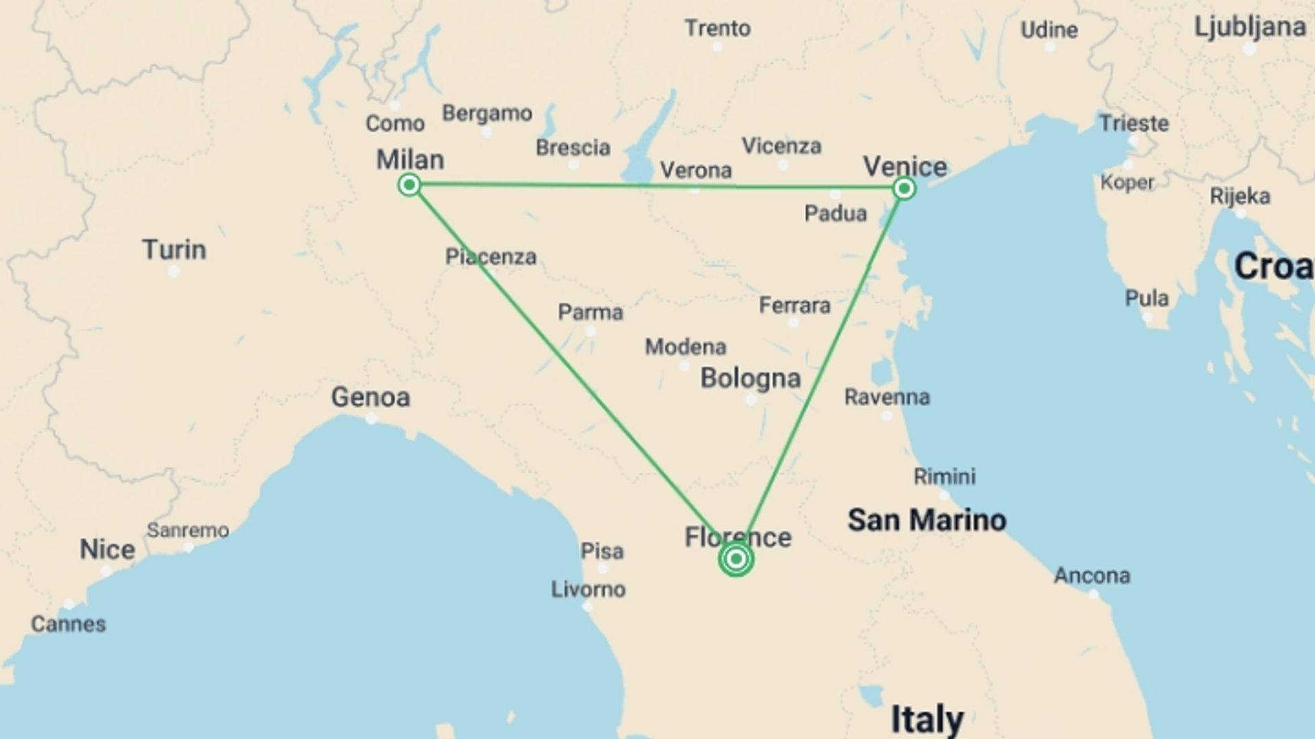 A map showing the tour itinerary for the trip: Classic Italy, Private Tour, starting in Florence, Italy and ending in Florence, Italy going through 2 other destinations.