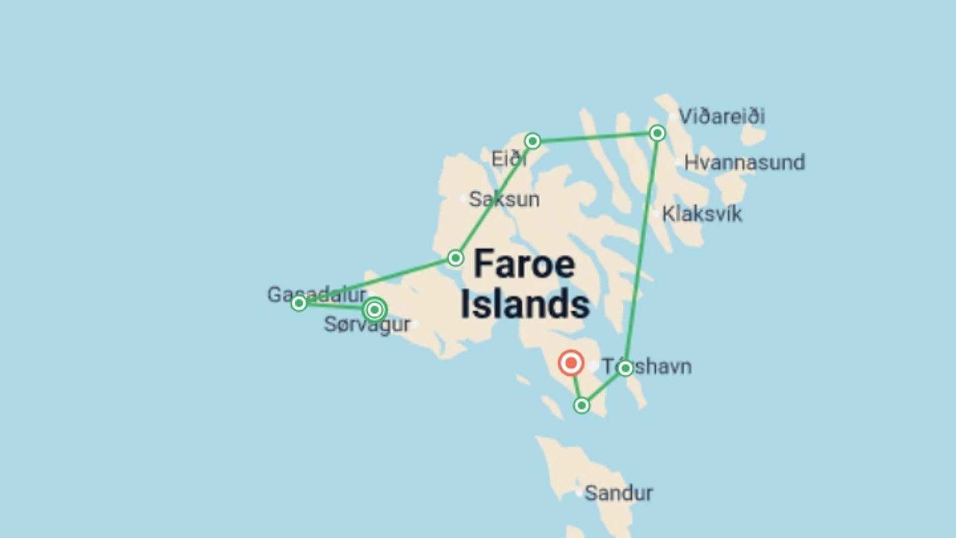 A map showing the tour itinerary for the trip: Walking in the Faroe Islands, starting in Vagar, Denmark and ending in Torshavn, Denmark going through 6 other destinations.