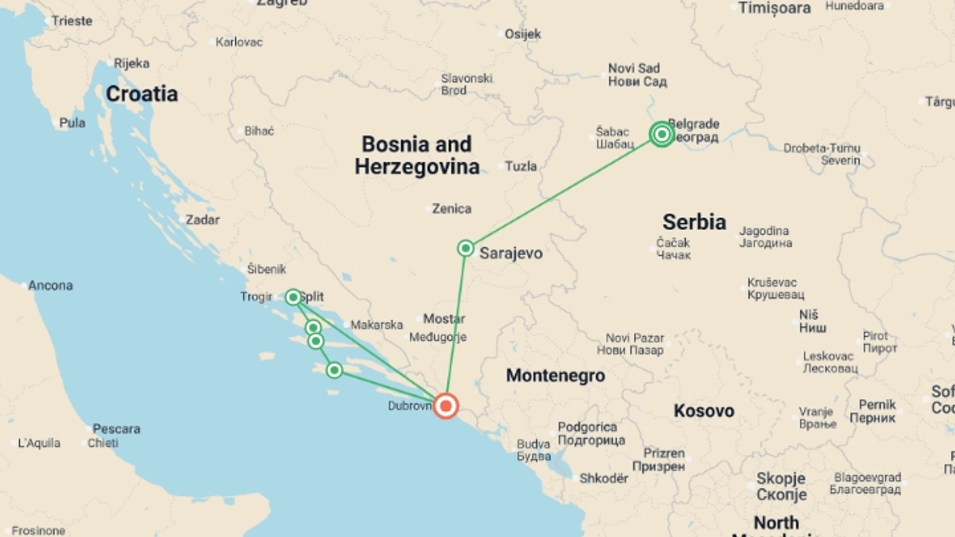 A map showing the tour itinerary for the trip: Traveling Through the Former Yugoslavia, starting in Belgrade, Serbia and ending in Dubrovnik, Croatia going through 5 other destinations.