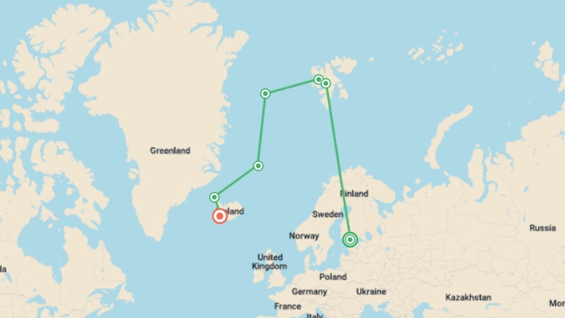 A map showing the tour itinerary for the trip: Ultimate Arctic Voyage: From Svalbard to Jan Mayen to Iceland, starting in Helsinki, Finland and ending in Reykjavik, Iceland going through 4 other destinations.