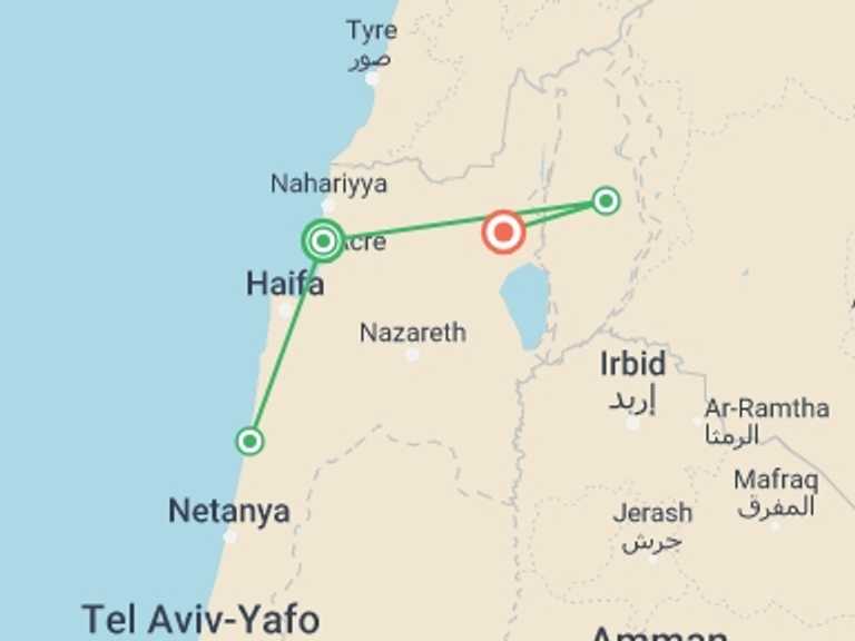Map of a Spiritual or religious Tour with 3 destination visits for the trip: Caesarea, Golan And Galilee Tour, 3 Days From Tel Aviv