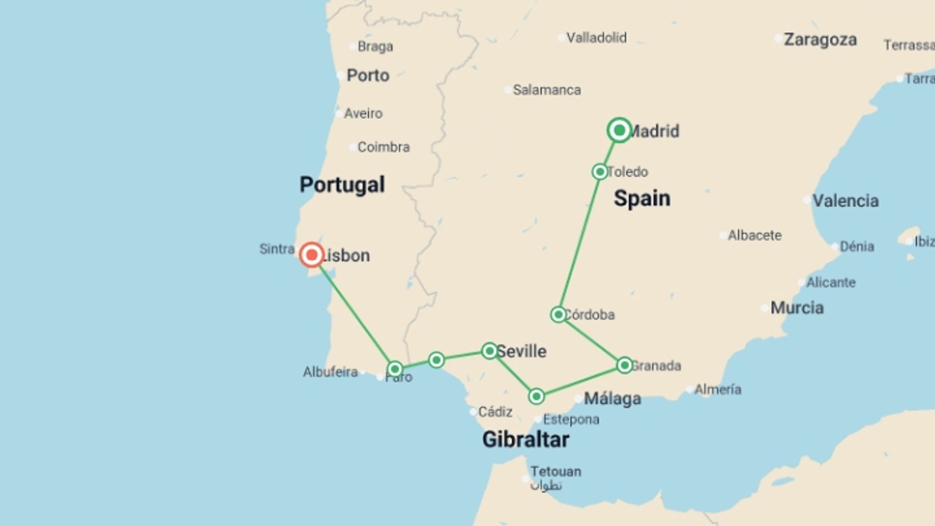 A map showing the tour itinerary for the trip: Andalucia Discovery - 6 days, starting in Madrid, Spain and ending in Lisbon, Portugal going through 3 other destinations.