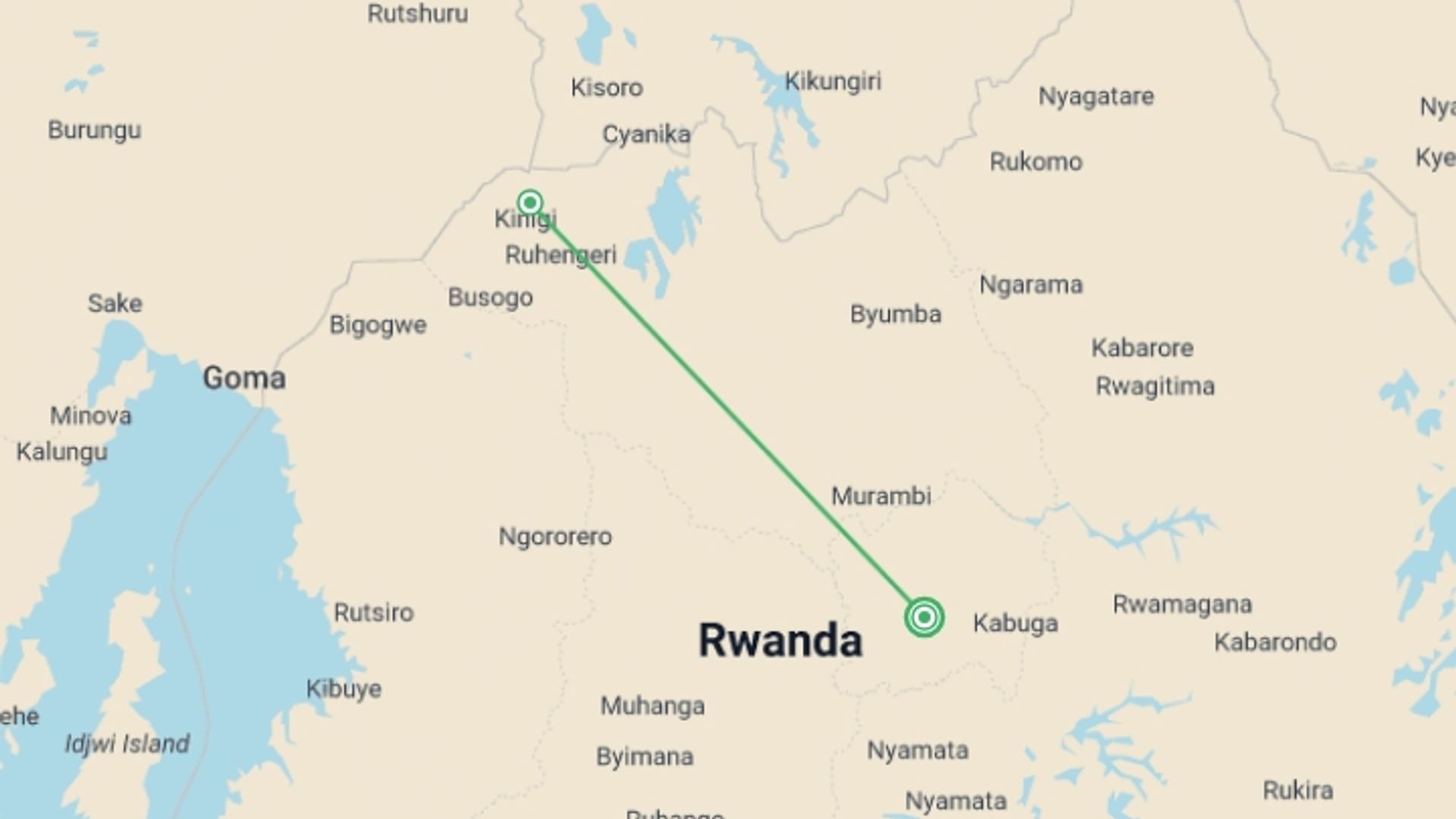 A map showing the tour itinerary for the trip: 2-Day Gorilla & Golden Monkey Trekking Safari, starting in Kigali, Rwanda and ending in Kigali, Rwanda going through 2 other destinations.