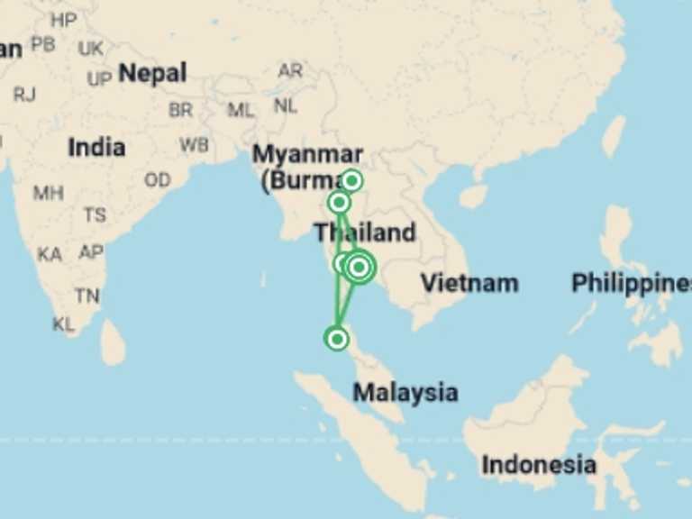 Map of Thailand Tour with 7 destination visits for the trip: Thailand Hike, Bike & Kayak
