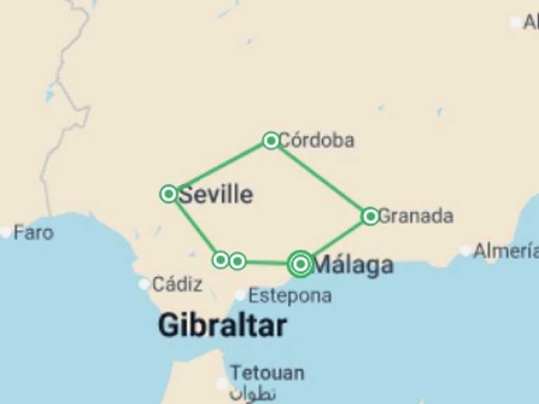 Map itinerary of Europe Tour in May 2026 with 7 destination visits for the trip: Moorish Andalucia