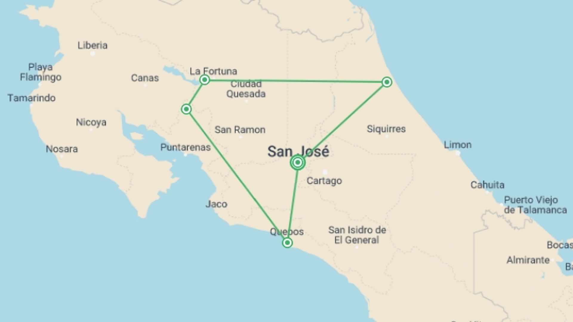 A map showing the tour itinerary for the trip: Best of Costa Rica, starting in San Jose, Costa Rica and ending in San Jose, Costa Rica going through 5 other destinations.